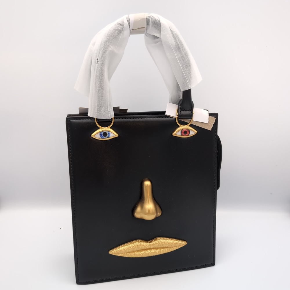 Schiaparelli Inspired Face Bag Black Gold Eyes Nose Lips Handbag Purse w Strap